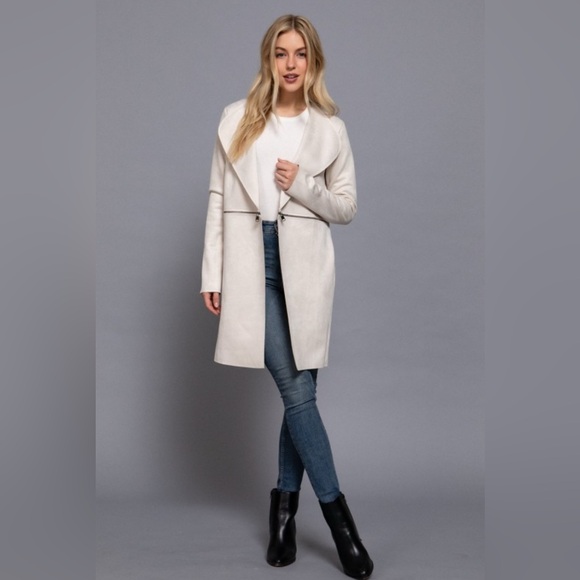 Stylish Off White Faux Suede Coat - Picture 5 of 7